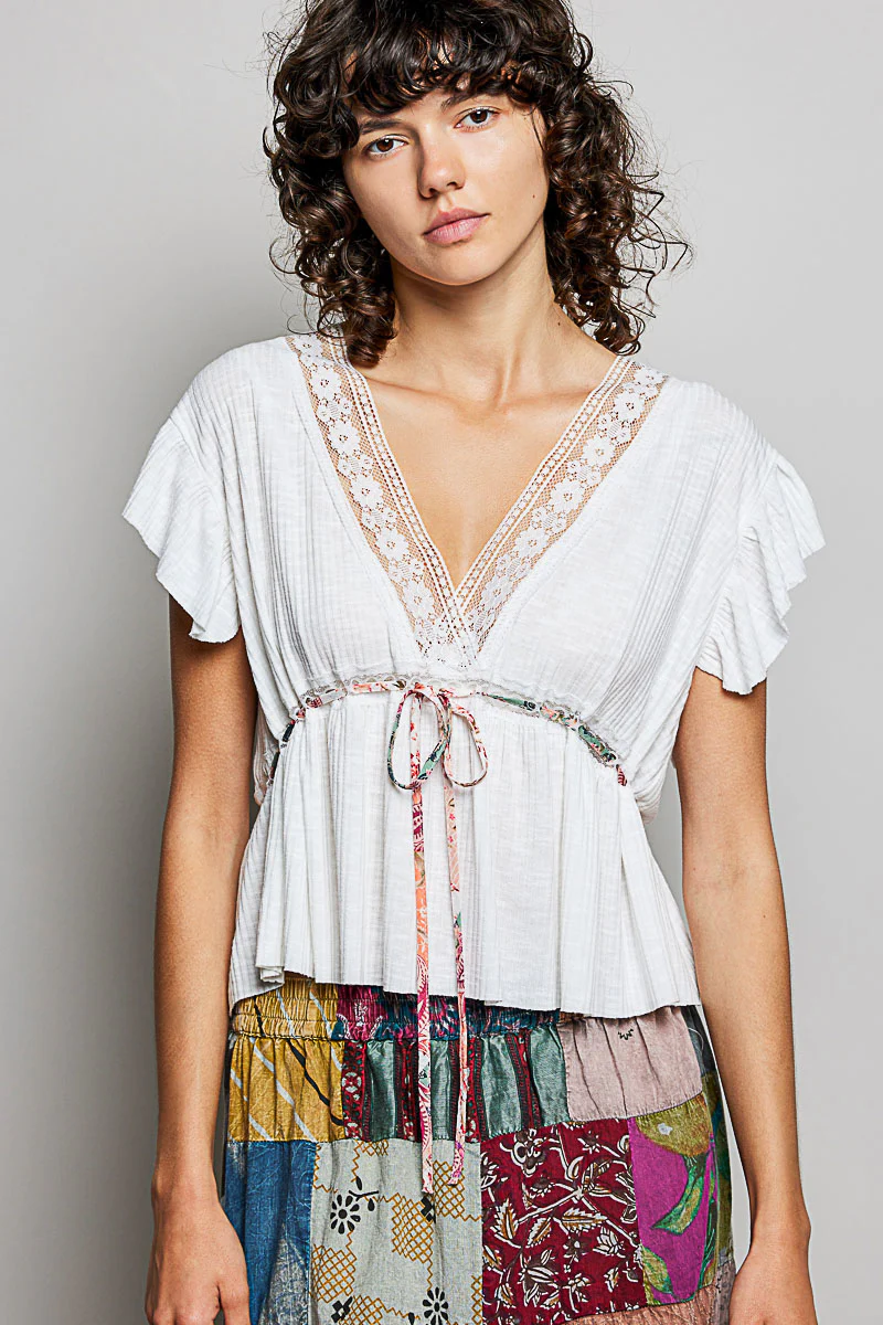 POL Tied Ruffled V-Neck Short Sleeve Blouse with Lace Detail - Image 2