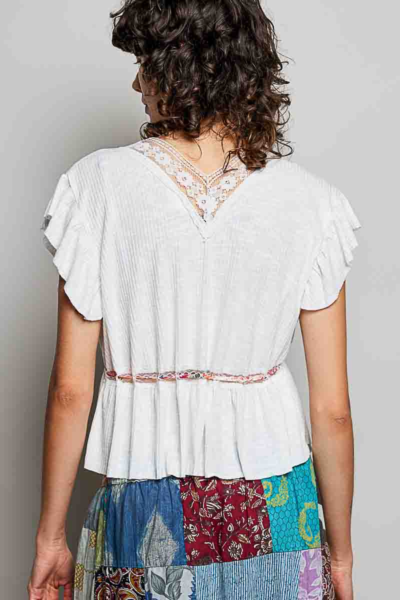 POL Tied Ruffled V-Neck Short Sleeve Blouse with Lace Detail - Image 4