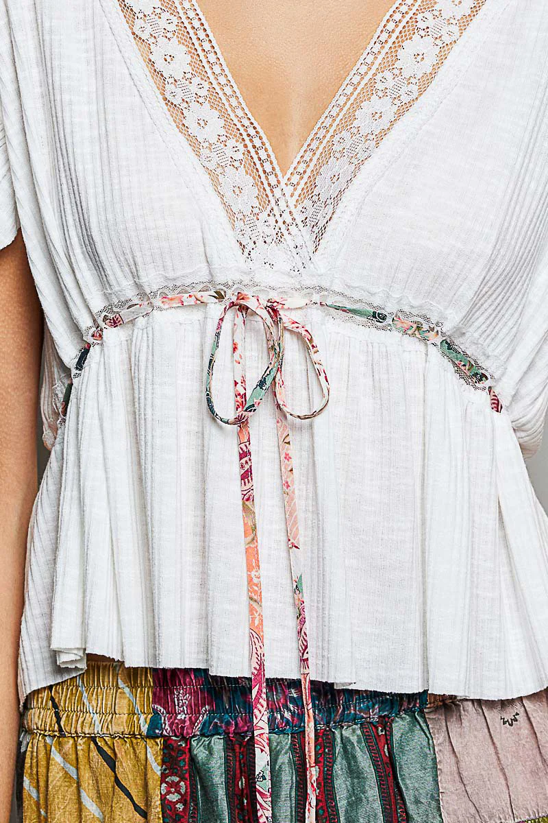 POL Tied Ruffled V-Neck Short Sleeve Blouse with Lace Detail - Image 6