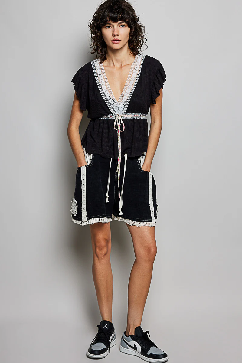 POL Tied Ruffled V-Neck Short Sleeve Blouse with Lace Detail - Image 5