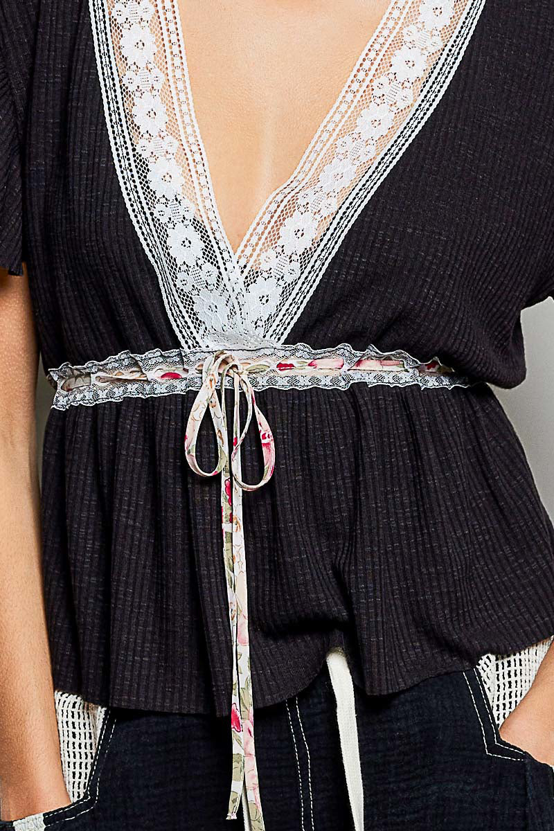POL Tied Ruffled V-Neck Short Sleeve Blouse with Lace Detail - Image 7