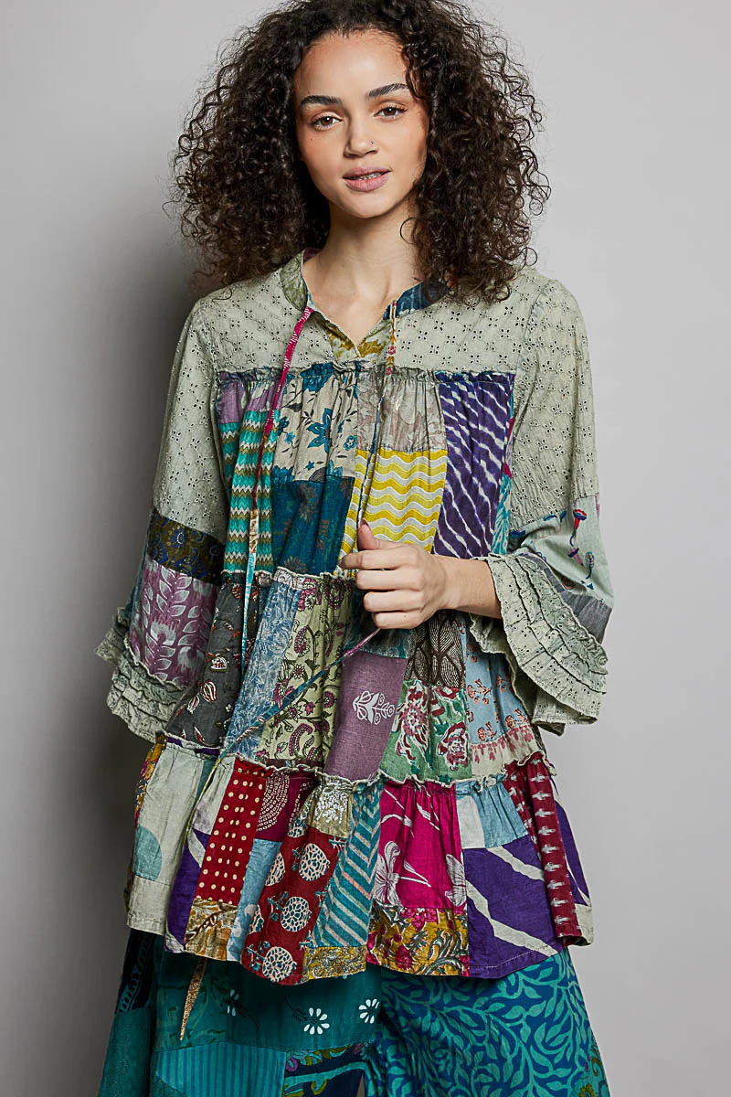 POL Tiered Floral Patchwork Tie Neck Shirred Ruffled Blouse - Image 2