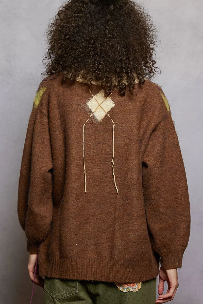 POL V-Neck Argyle Pattern Mohair Sweater with Contrast Exposed Stitch Detail - Image 5
