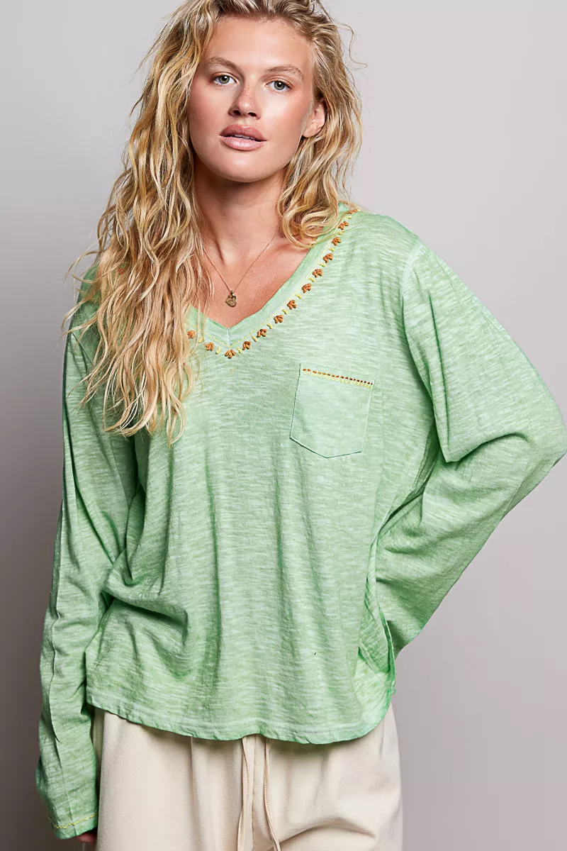 POL V-Neck Contrast Stitch Lightweight Knit Long Sleeve Top - Image 5