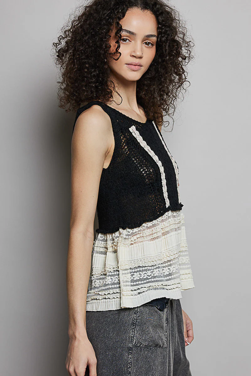 POL V-Neck Crochet Sweater Vest with Lace Trim - Image 3