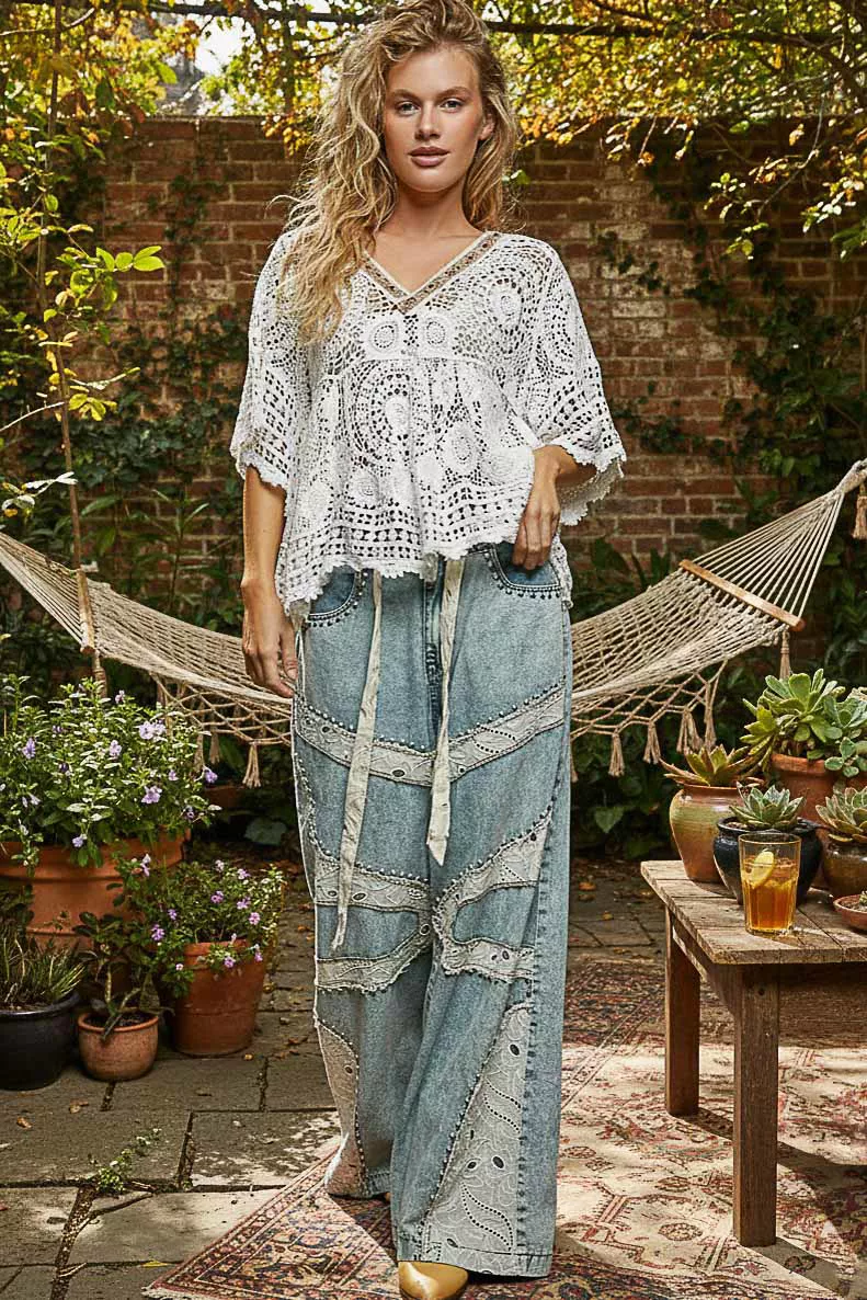 POL V-Neck Crochet Top with Scalloped Hem - Image 6