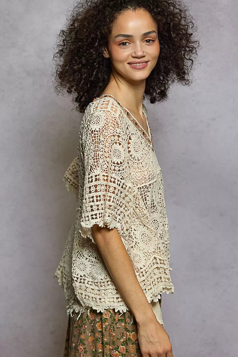 POL V-Neck Crochet Top with Scalloped Hem - Image 3