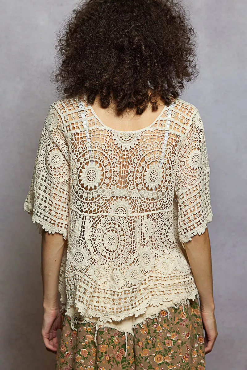 POL V-Neck Crochet Top with Scalloped Hem - Image 4