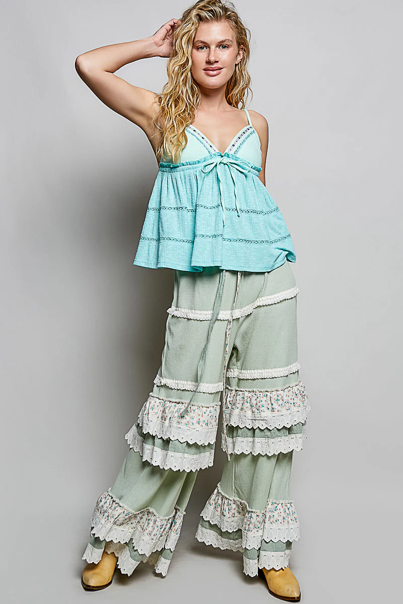 POL V-Neck Embroidered Trim Ruffled Cami - Image 5