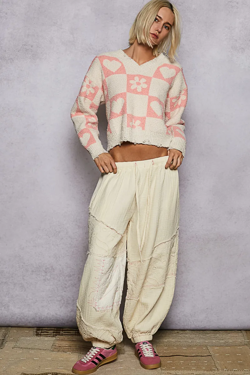 POL V-Neck Heart Pattern Checkered Sweater - Image 5