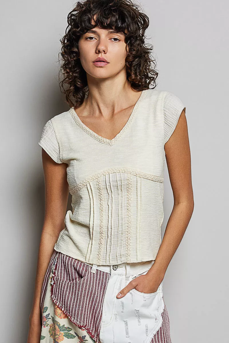 POL V-Neck Lightweight Textured Short Sleeve Knit Top with Lace Trim - Image 7
