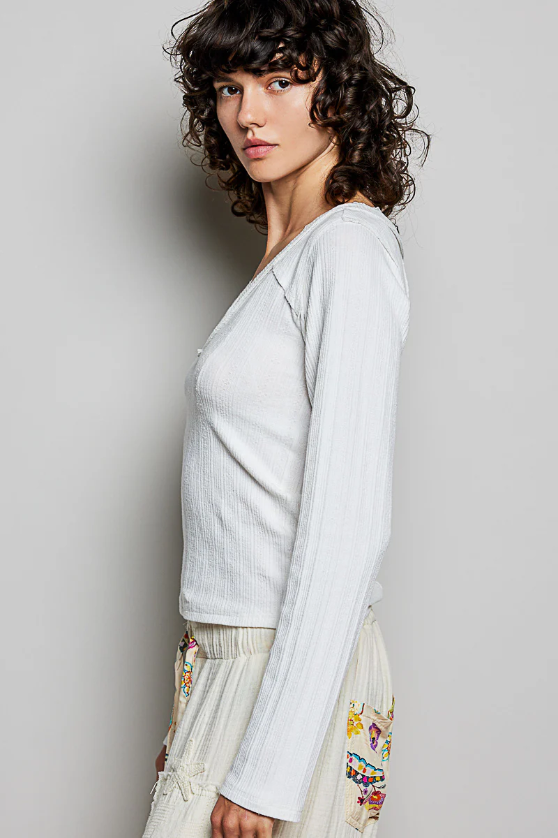 POL V-Neck Long Sleeve Ribbed Top with Lace-Accent Neckband - Image 3
