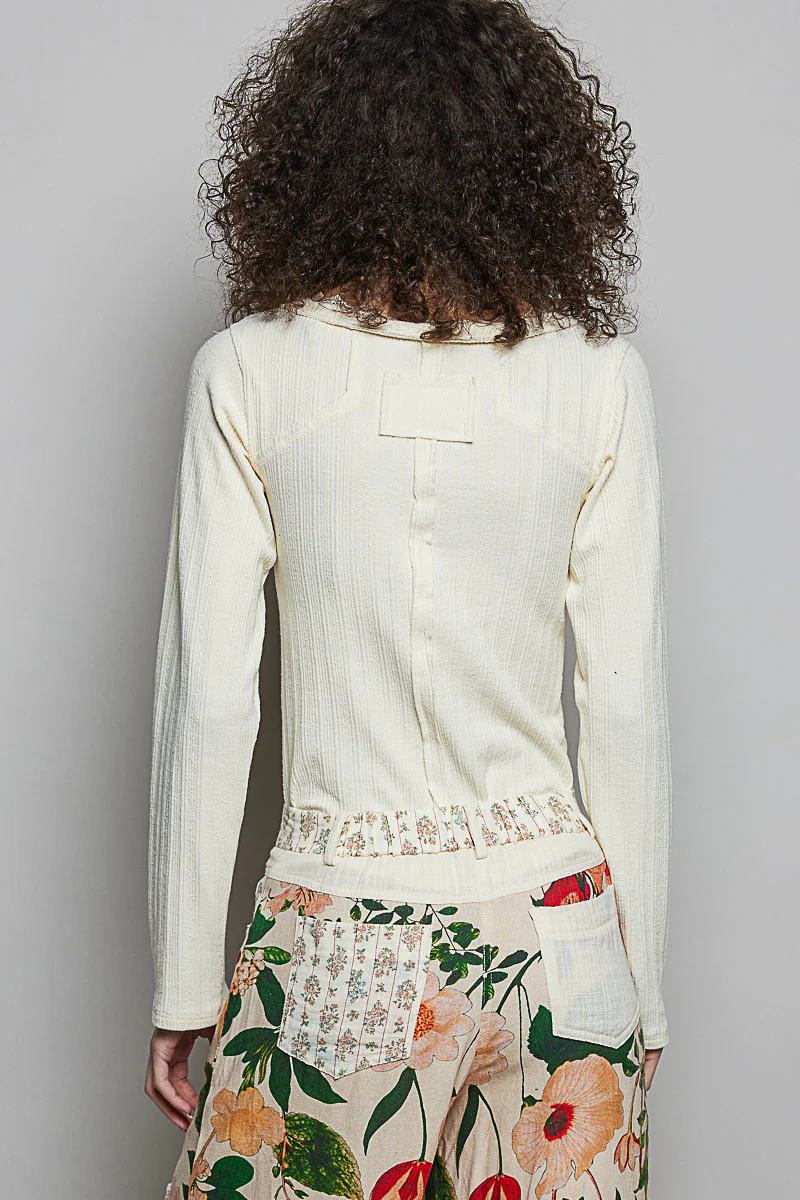 POL V-Neck Long Sleeve Ribbed Top with Lace-Accent Neckband - Image 4
