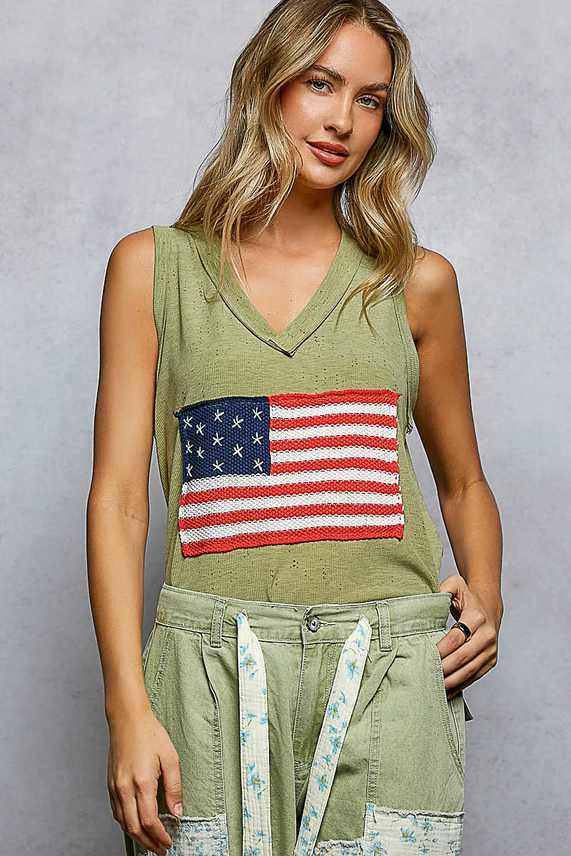 POL V-Neck Ribbed Tank with American Flag Patch and Star Back Patch - Image 2