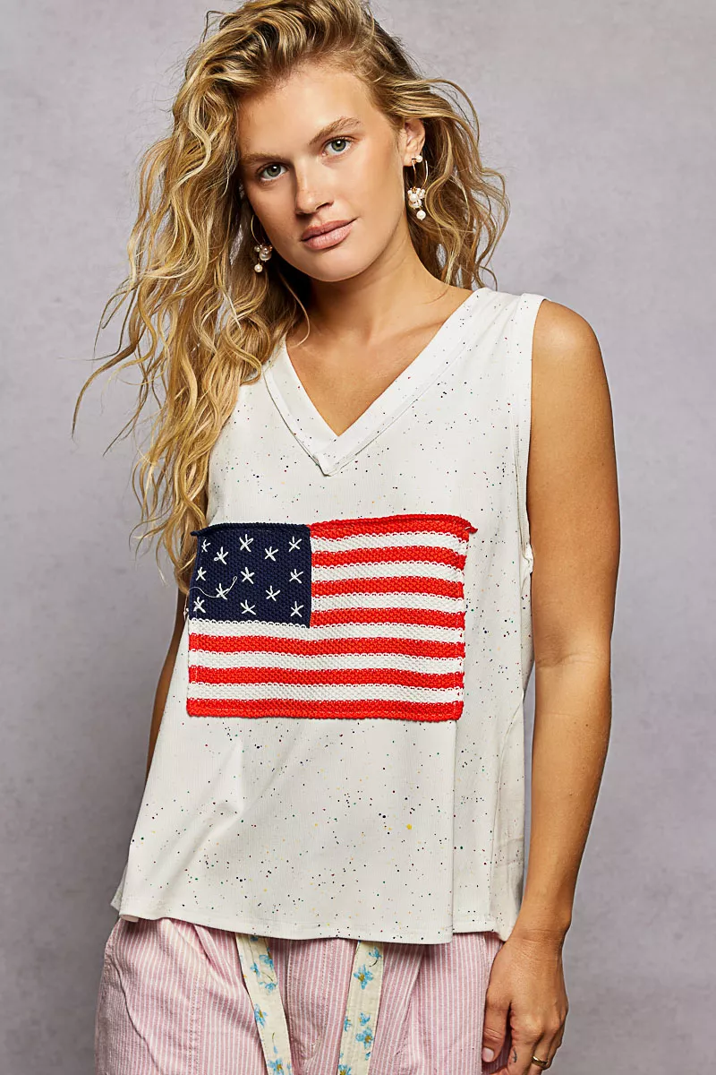 POL V-Neck Ribbed Tank with American Flag Patch and Star Back Patch - Image 3