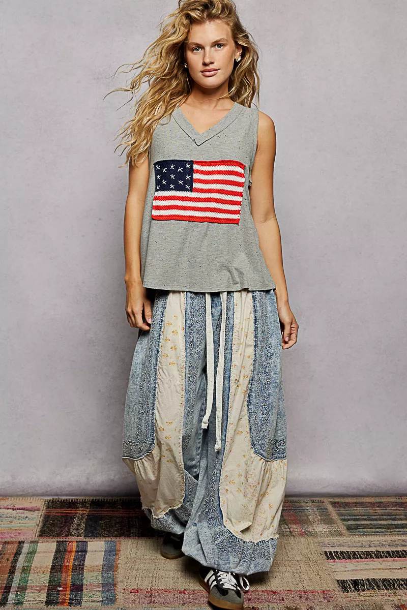 POL V-Neck Ribbed Tank with American Flag Patch and Star Back Patch - Image 5