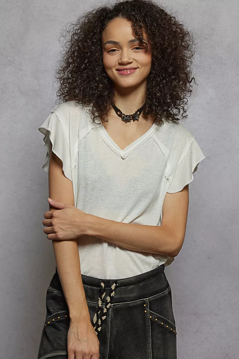 POL V-Neck Short Sleeve T-Shirt with Ruffle Sleeve - Image 2