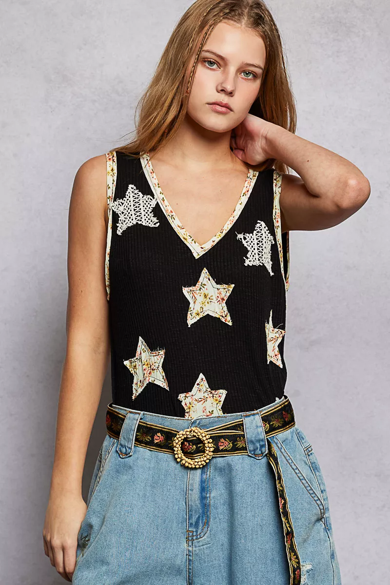 POL Washed Ribbed V-Neck Tank with Floral Print Star Patch - Image 2