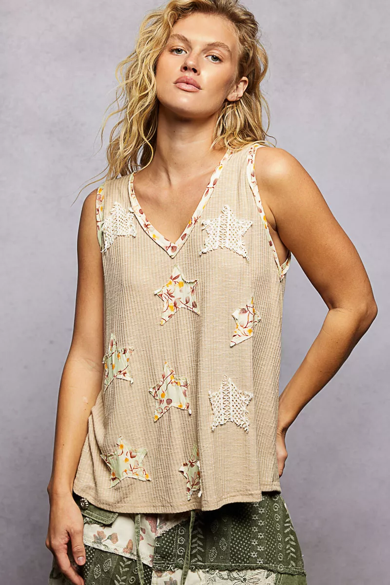 POL Washed Ribbed V-Neck Tank with Floral Print Star Patch - Image 2