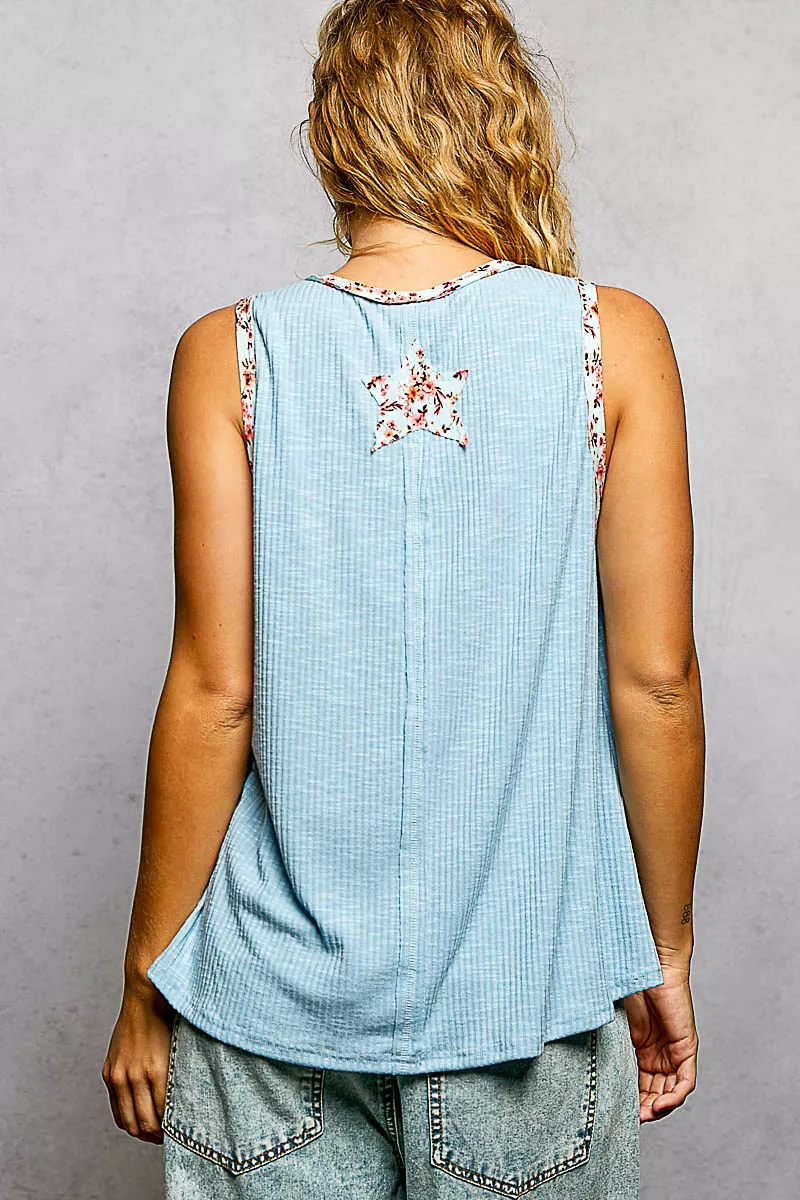 POL Washed Ribbed V-Neck Tank with Floral Print Star Patch - Image 4