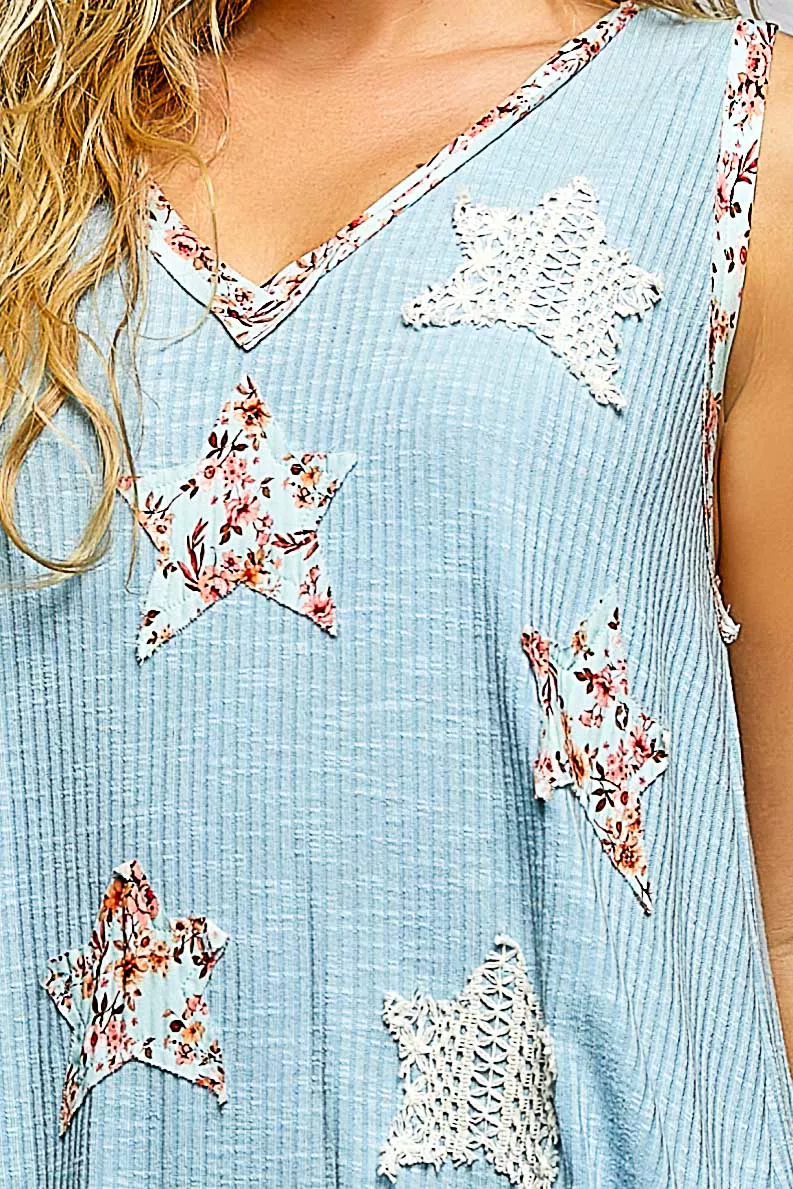POL Washed Ribbed V-Neck Tank with Floral Print Star Patch - Image 6