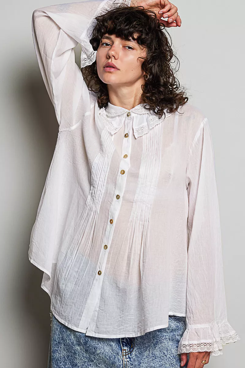 POL Woven Lace Trim Pintuck Button-Down Shirt - Image 10