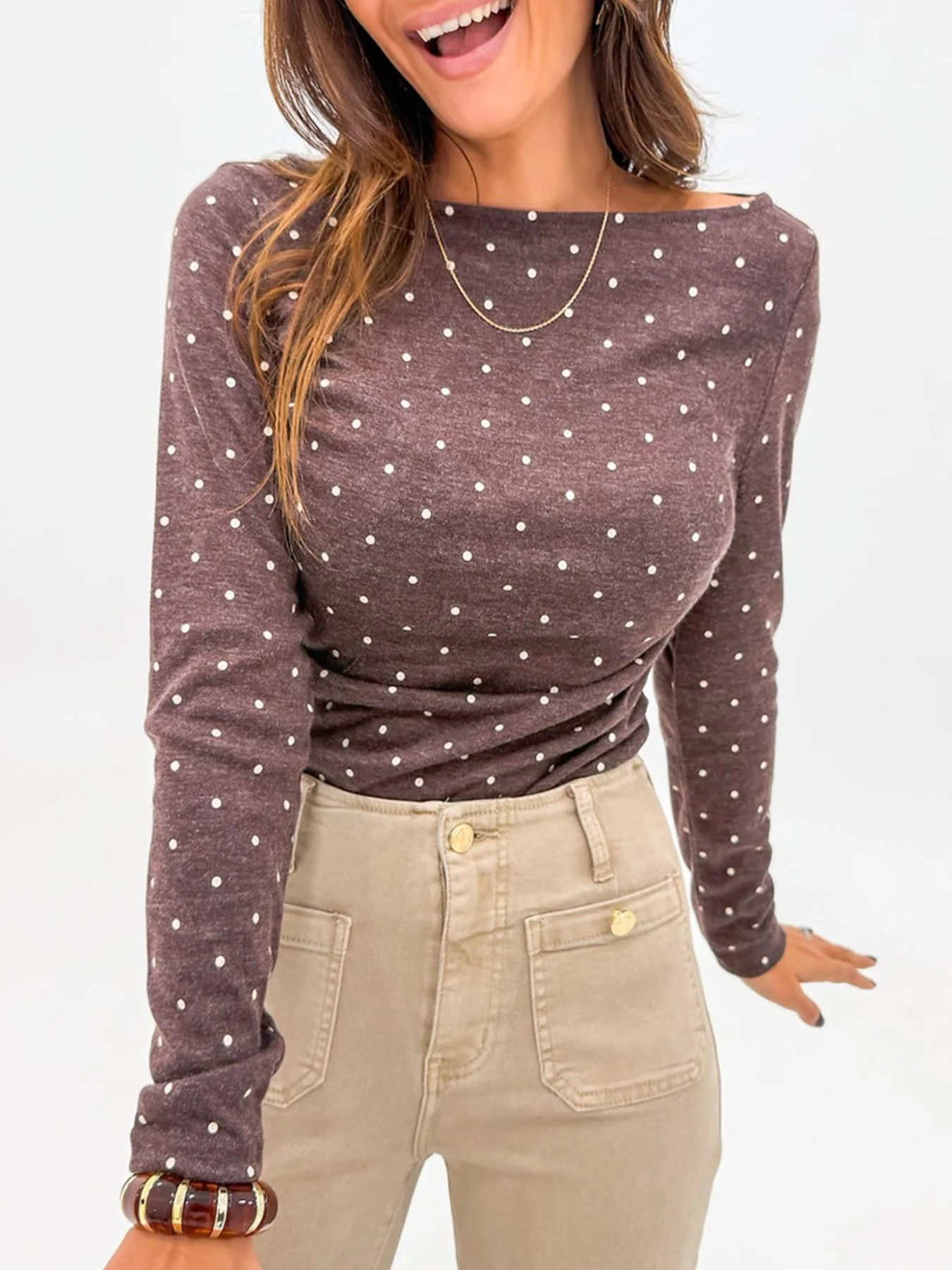 Polka Dot Boat Neck Knit Long Sleeve T Shirt - Image 11