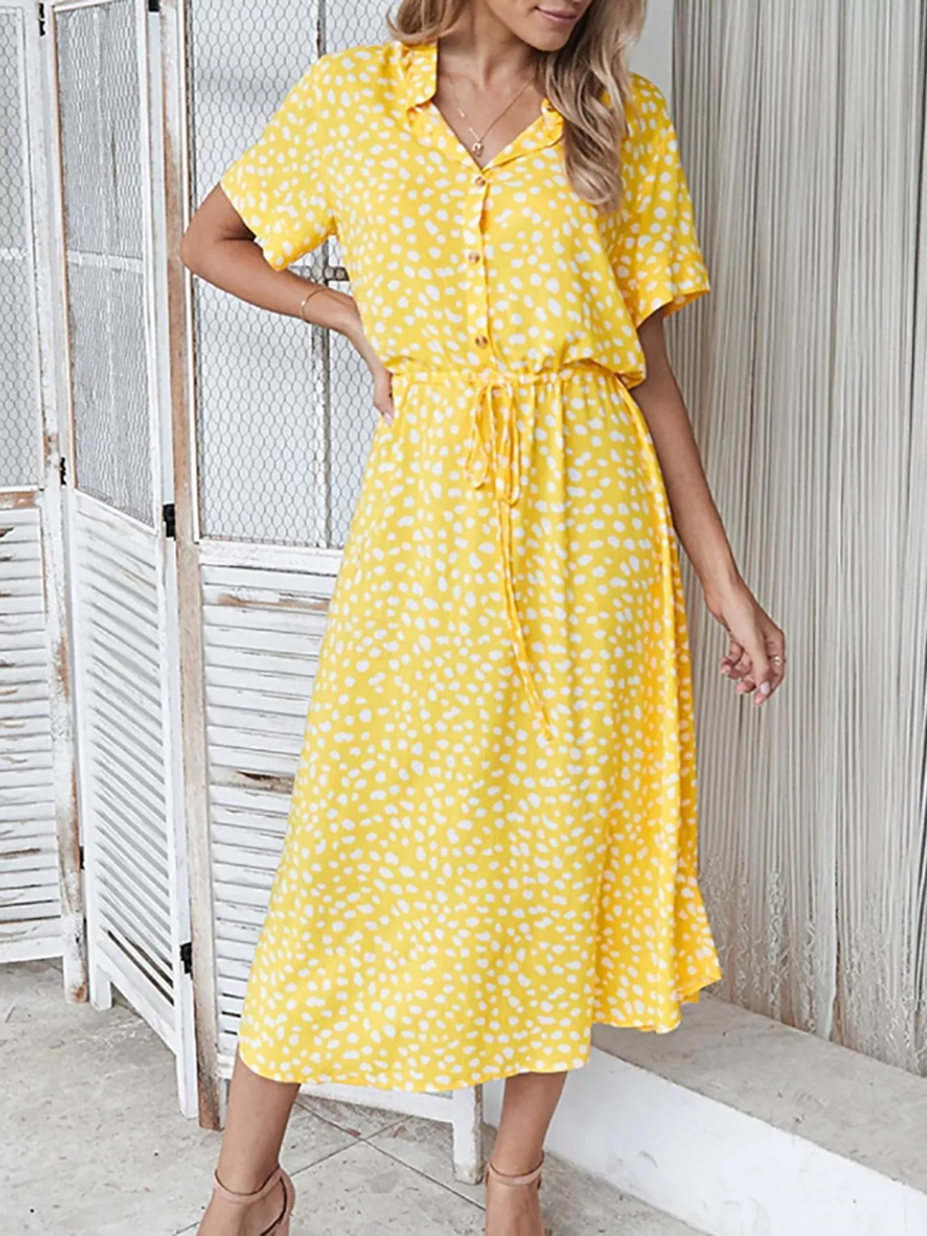 Polka Dot Button Front Midi Dress - Image 4