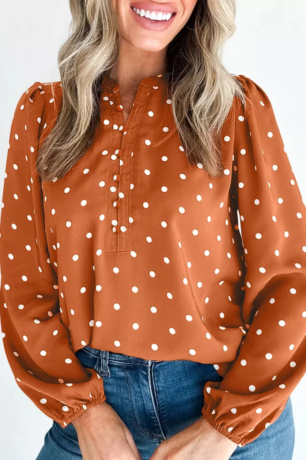 Polka Dot Half Button V Neck Long Sleeve Blouse - Image 2