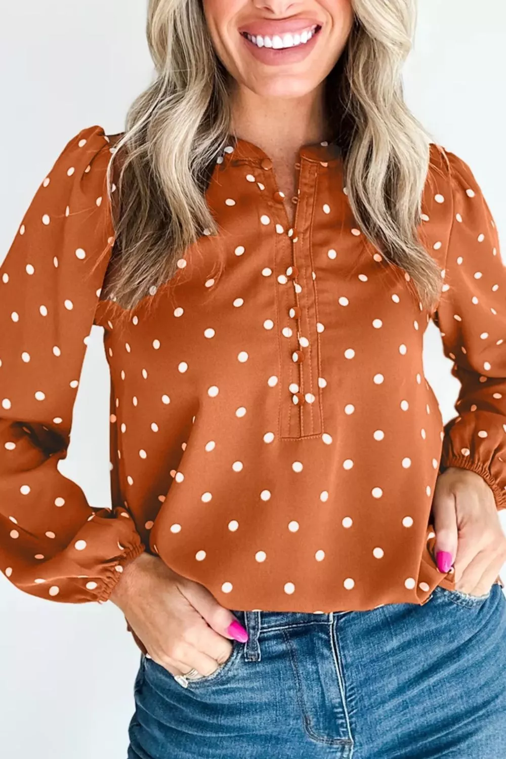 Polka Dot Half Button V Neck Long Sleeve Blouse - Image 3