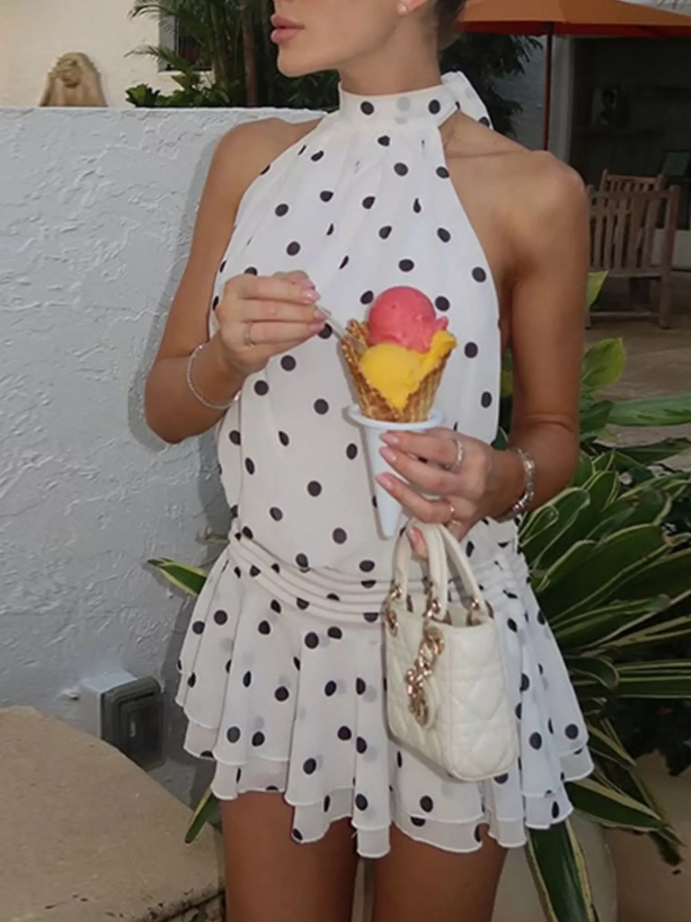 Polka Dot Halter Neck Ruffle Dress - Image 5