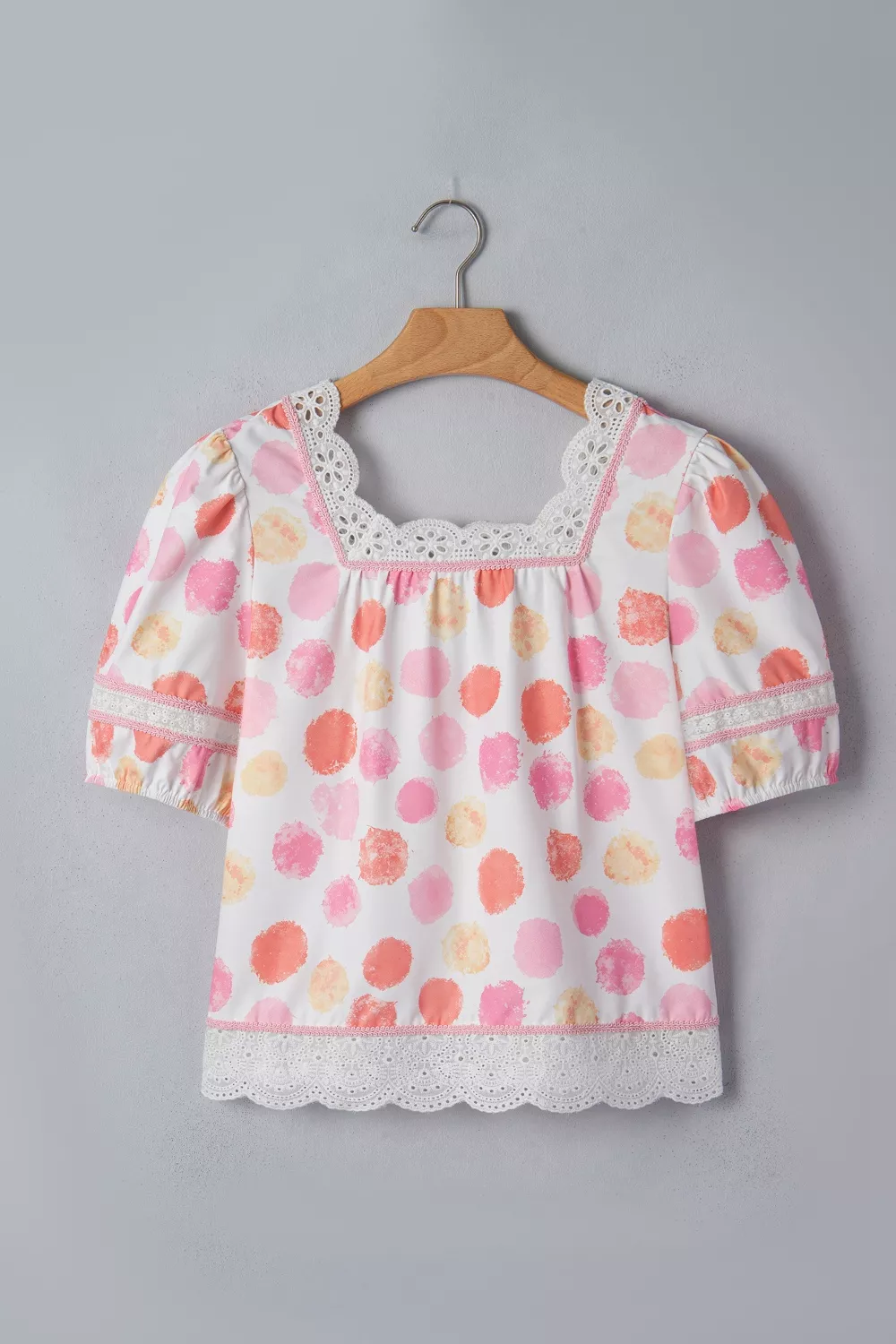 Polka Dot Lace Trim Square Neck Puff Sleeve Blouse - Image 8