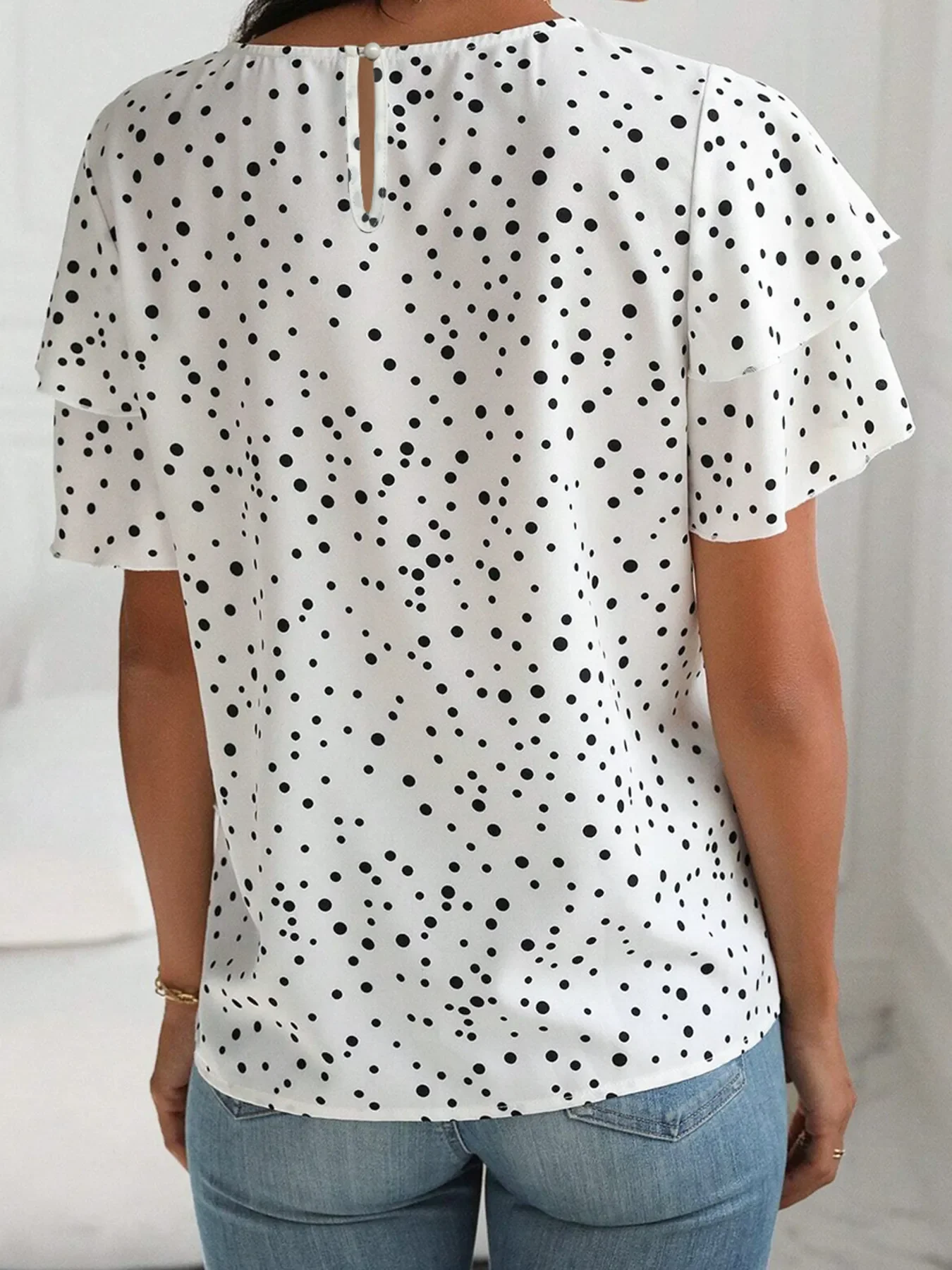 Polka Dot Layered Ruffled Short Sleeve Blouse - Image 2