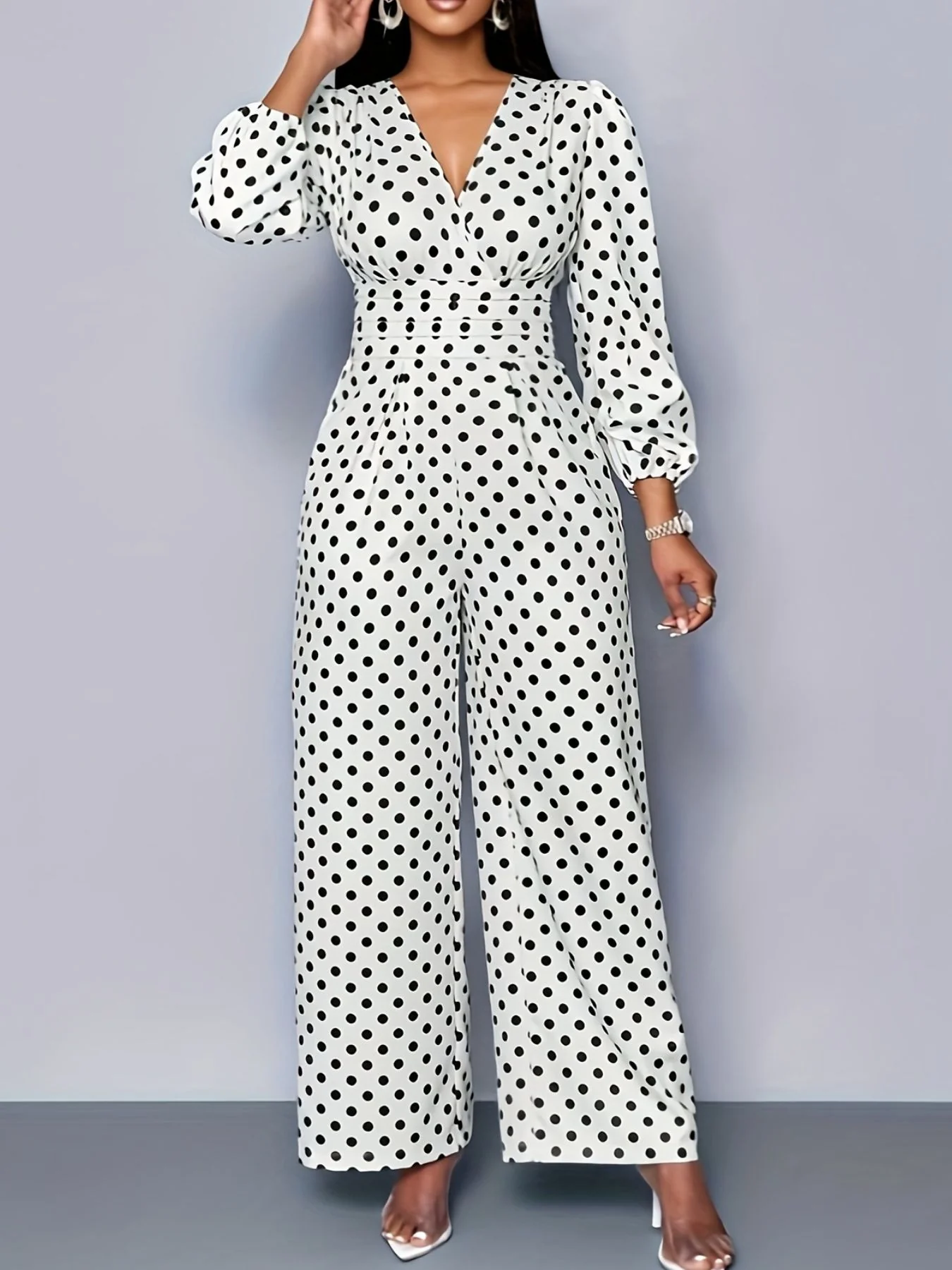 Polka Dot Long Sleeve Wide Leg Jumpsuit - Image 2