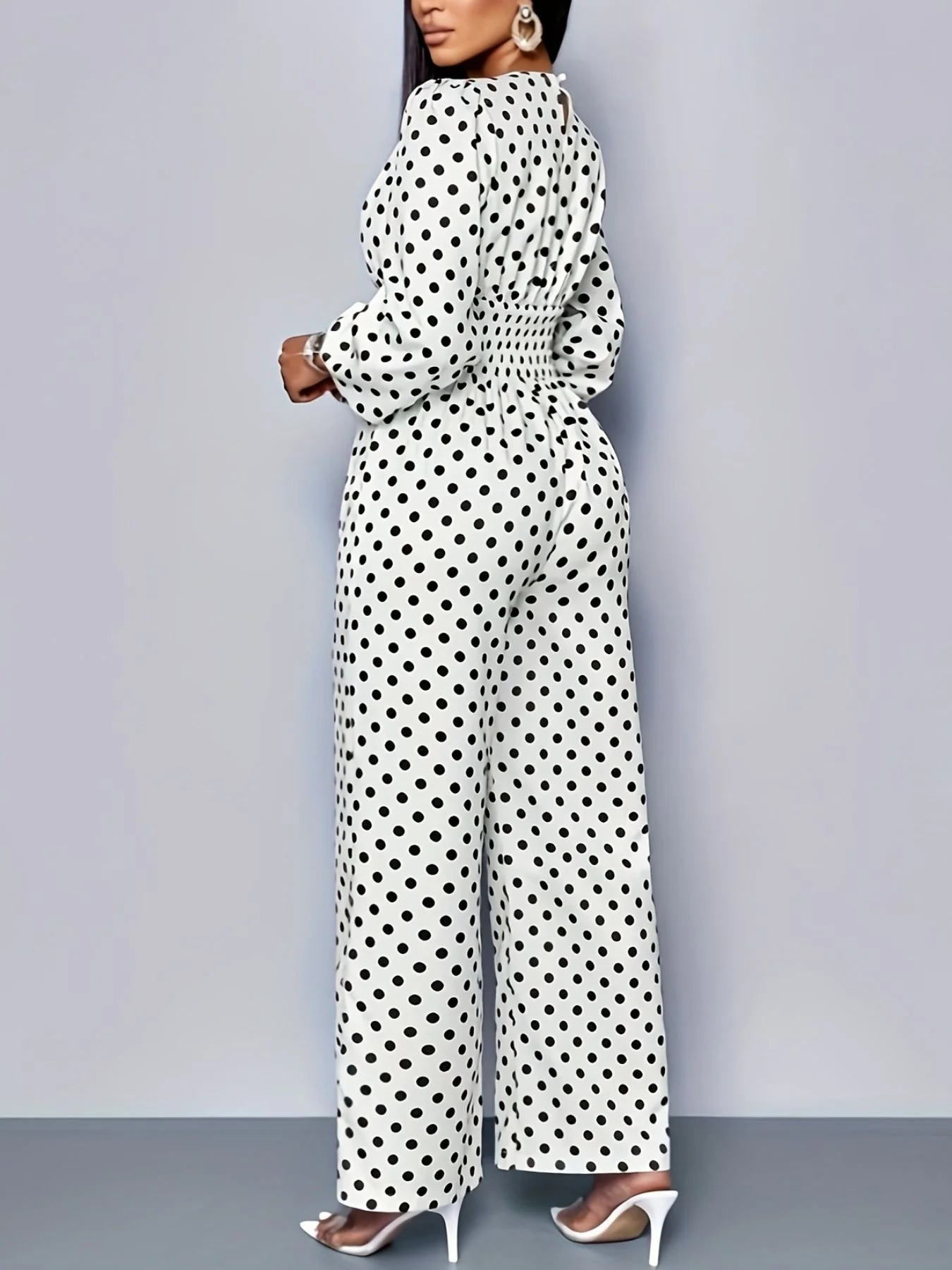 Polka Dot Long Sleeve Wide Leg Jumpsuit - Image 4