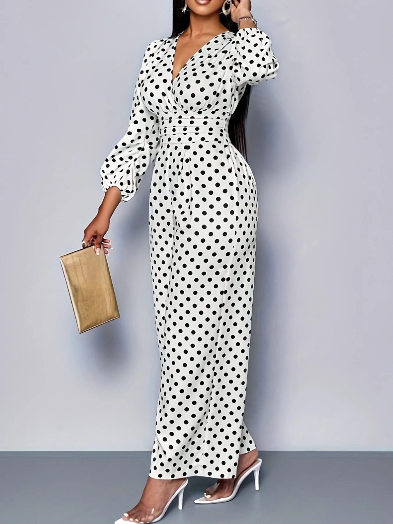Polka Dot Long Sleeve Wide Leg Jumpsuit - Image 5
