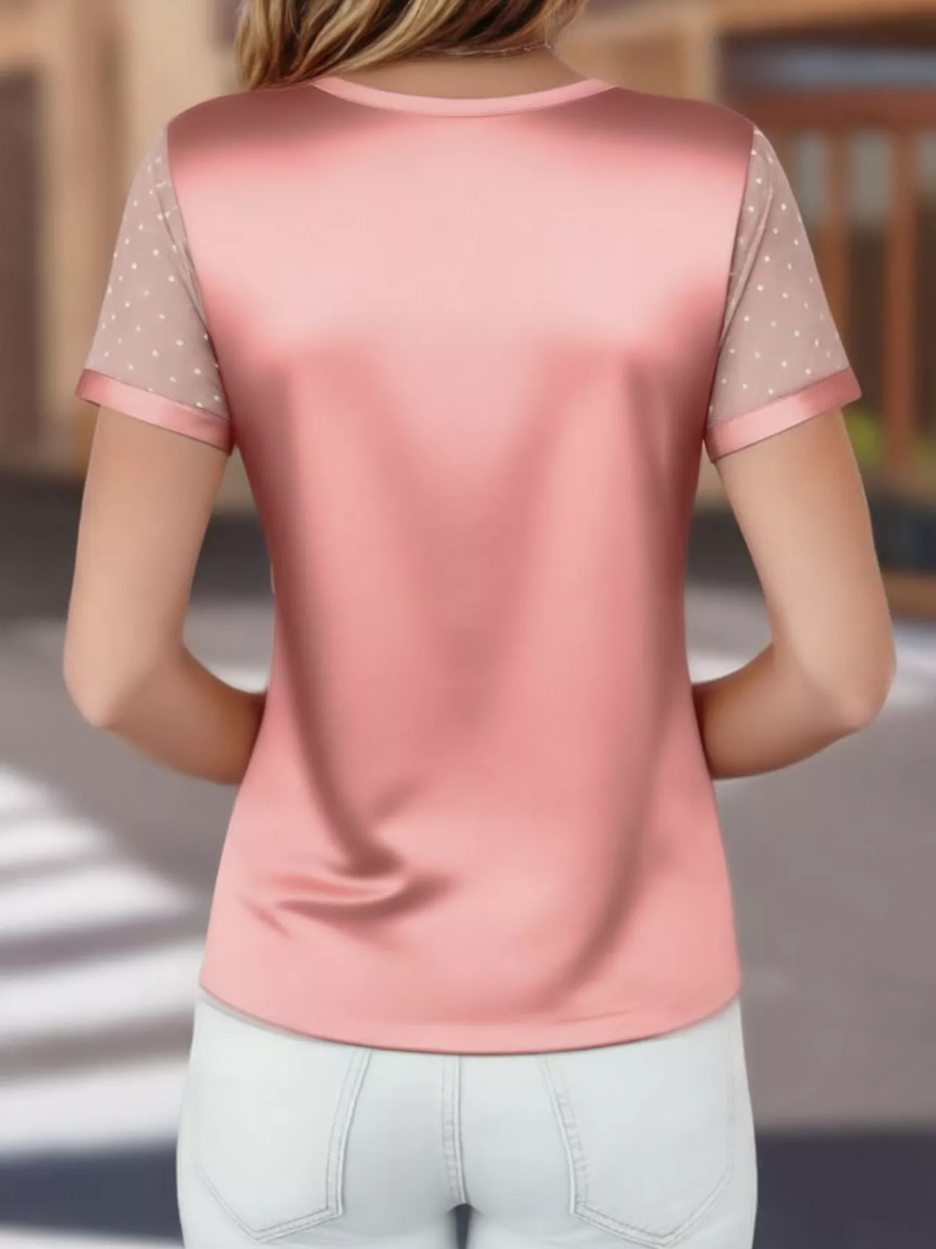 Polka Dot Mesh Sleeve Satin Short Sleeve Top - Image 11