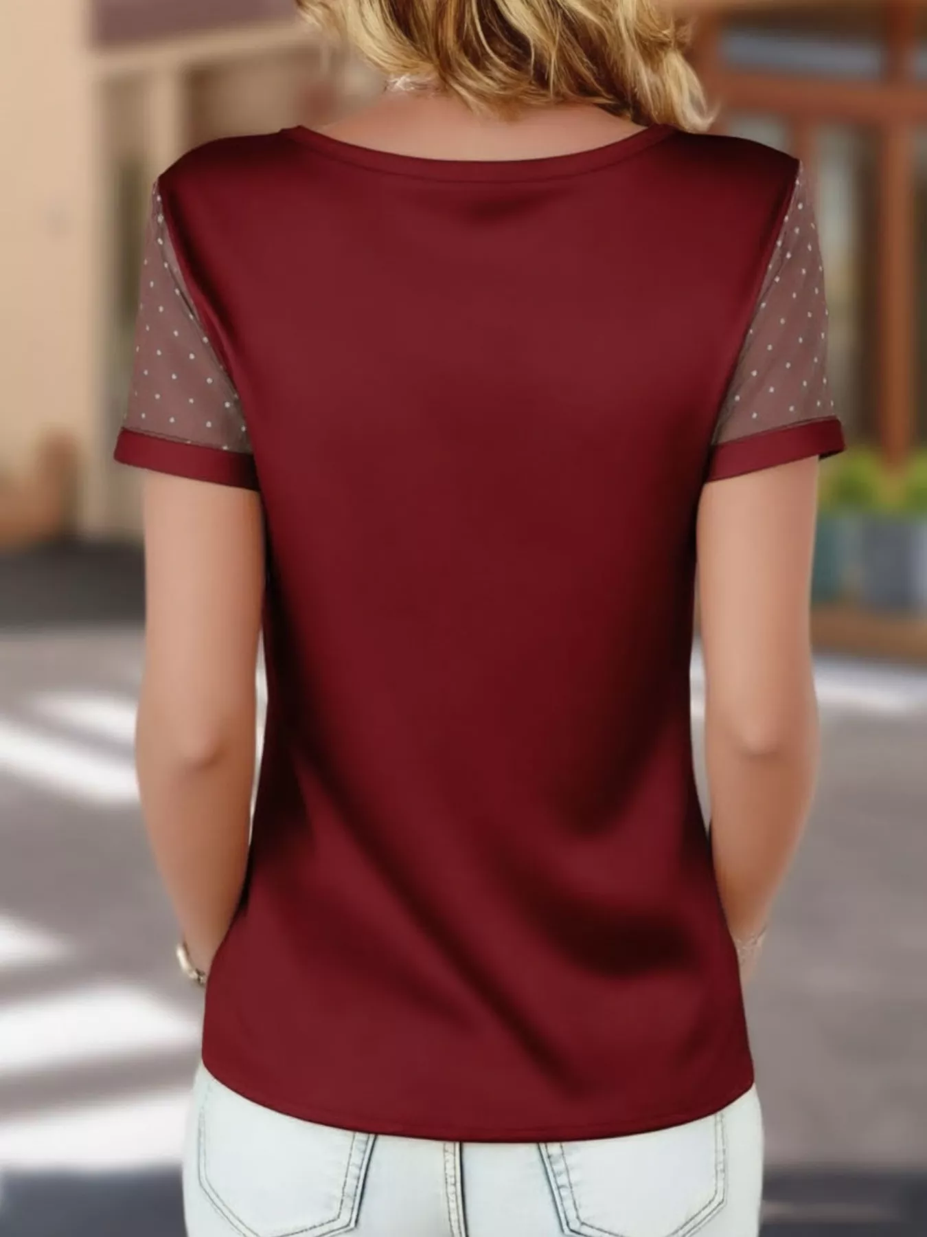 Polka Dot Mesh Sleeve Satin Short Sleeve Top - Image 5