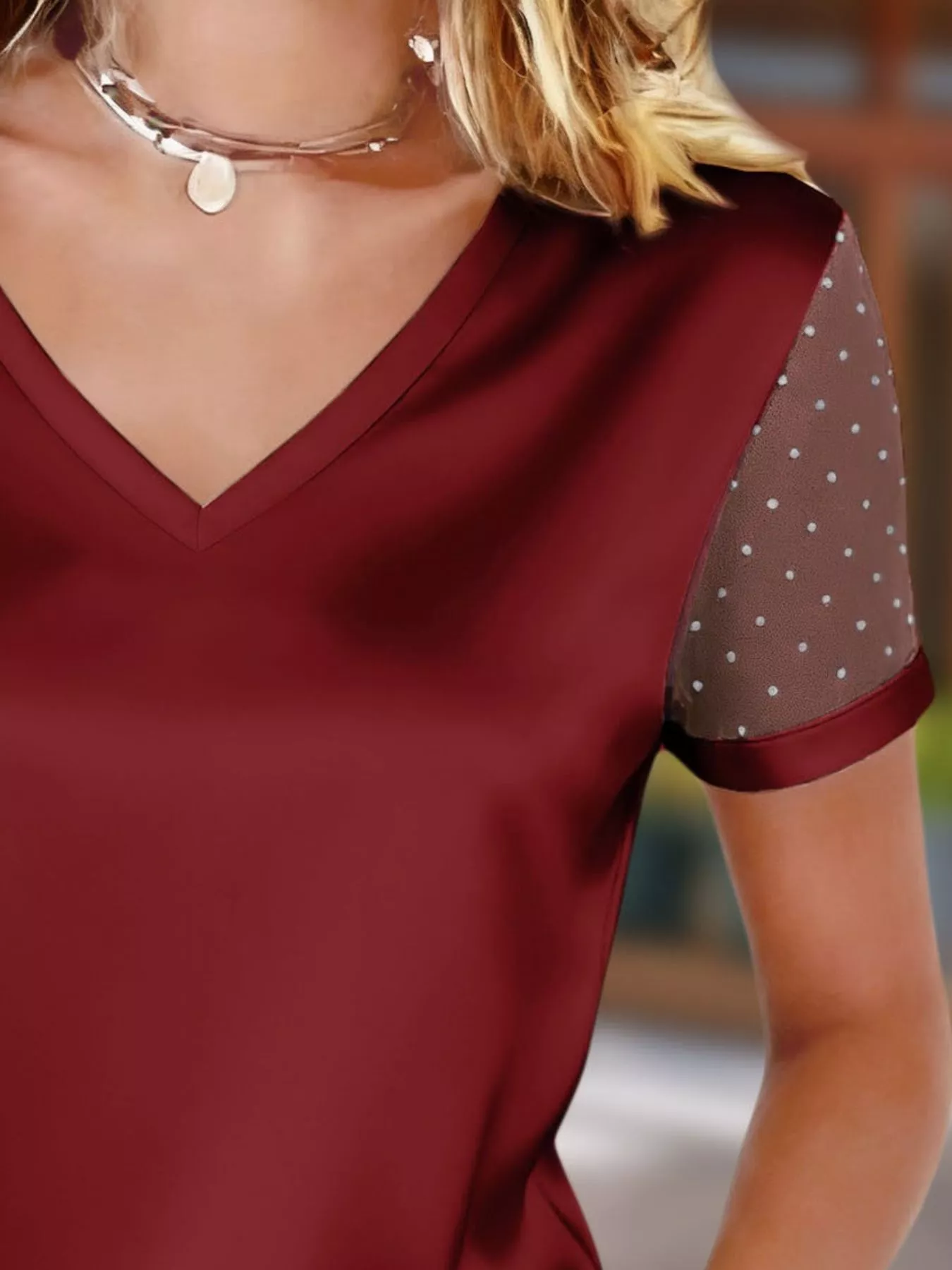 Polka Dot Mesh Sleeve Satin Short Sleeve Top - Image 6
