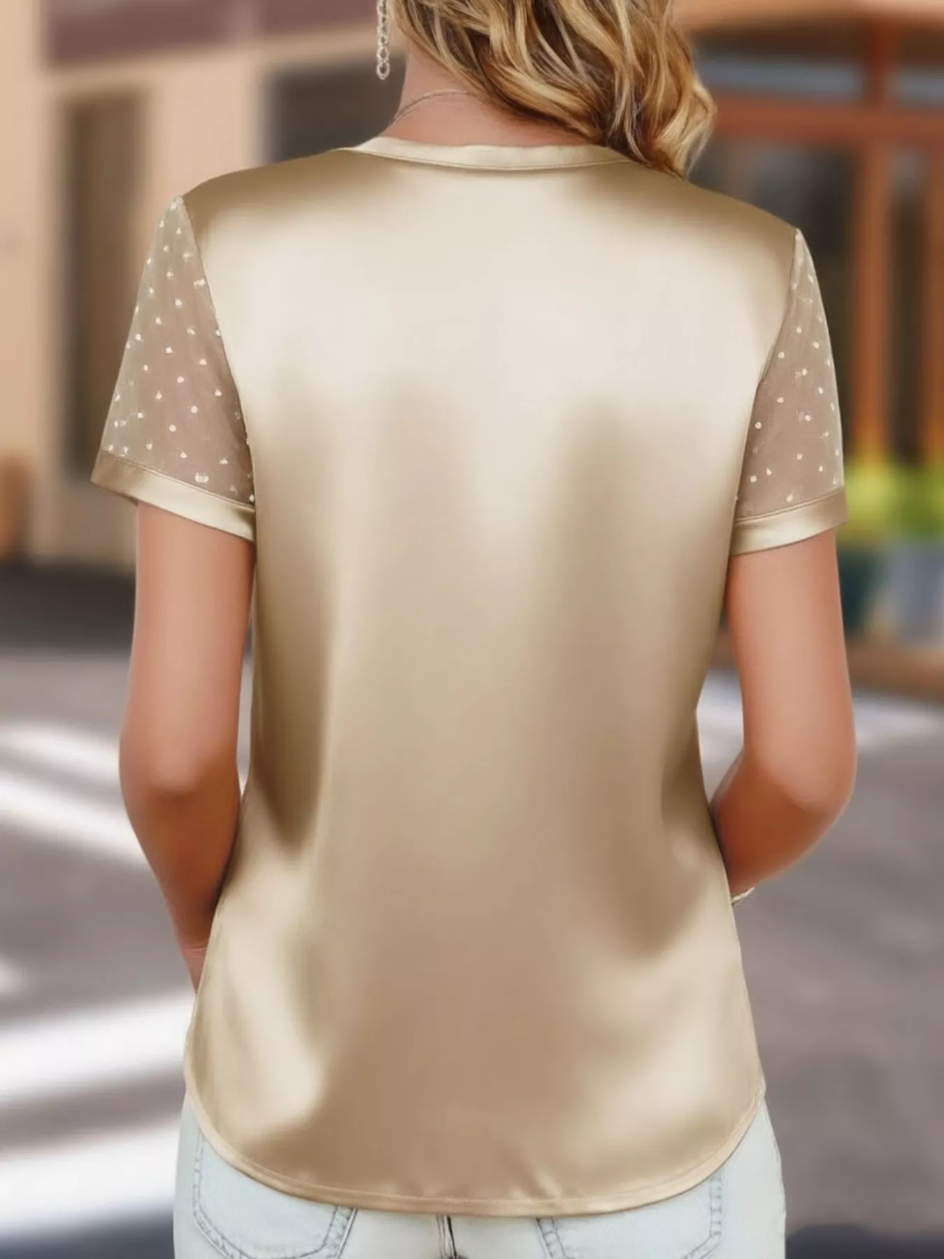 Polka Dot Mesh Sleeve Satin Short Sleeve Top - Image 8