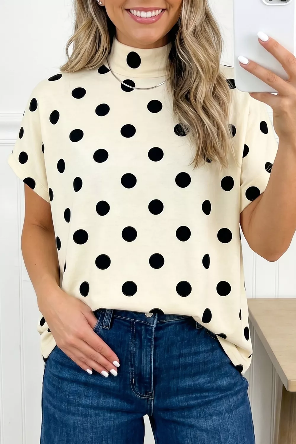 Polka Dot Mock Neck Short Sleeve Blouse - Image 4