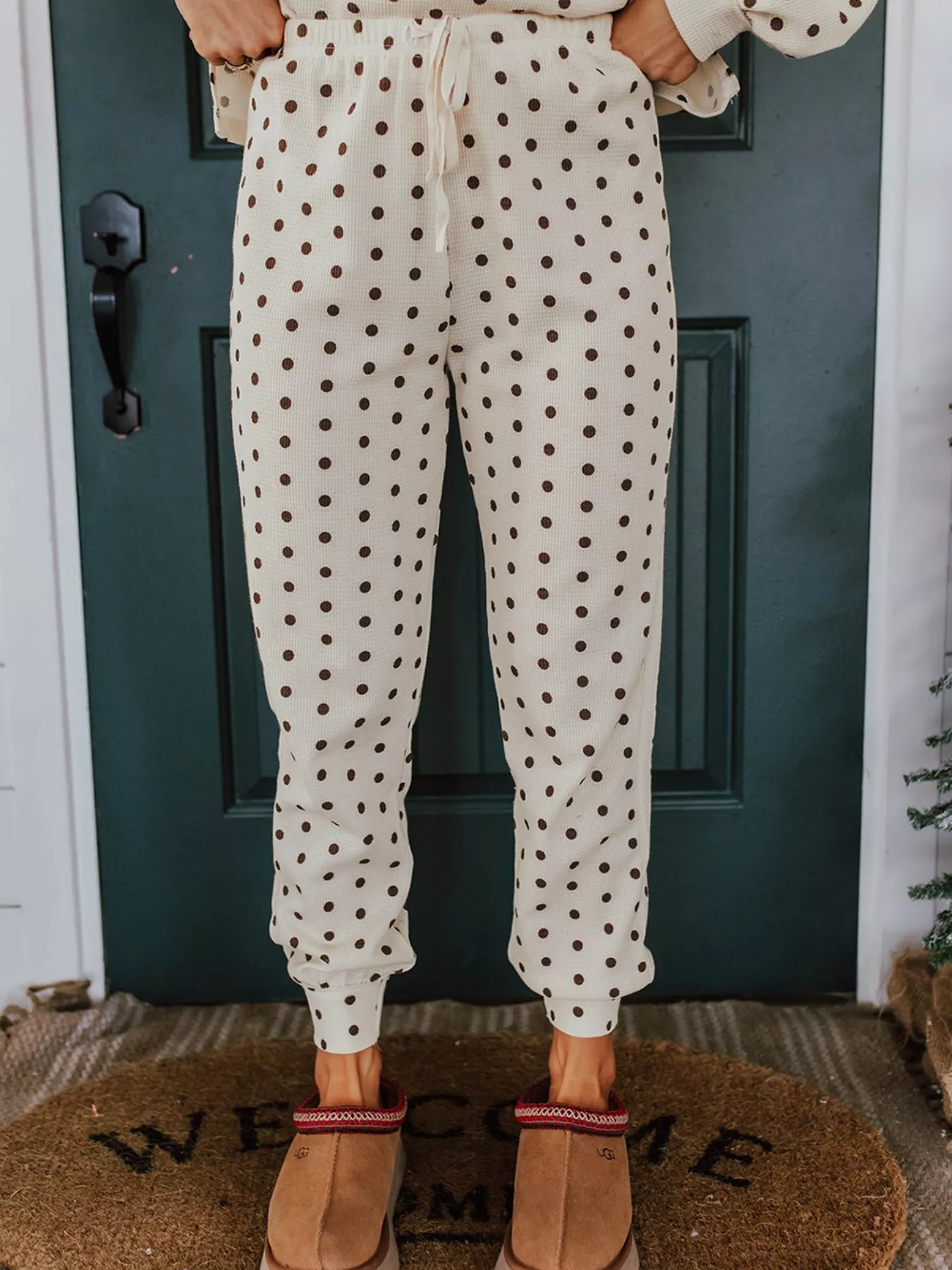 Polka Dot Notched Long Sleeve Top and Drawstring Joggers Lounge Set - Image 4