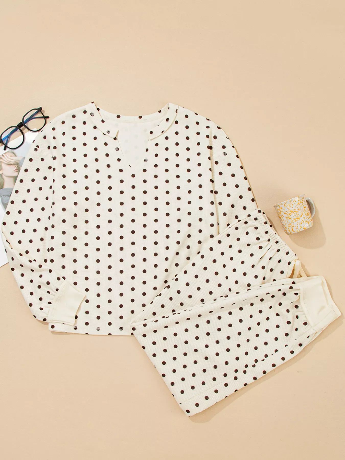 Polka Dot Notched Long Sleeve Top and Drawstring Joggers Lounge Set - Image 5