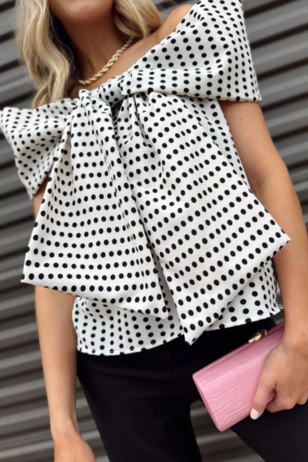 Polka Dot Off Shoulder Bow Knot Short Sleeve Blouse - Image 3