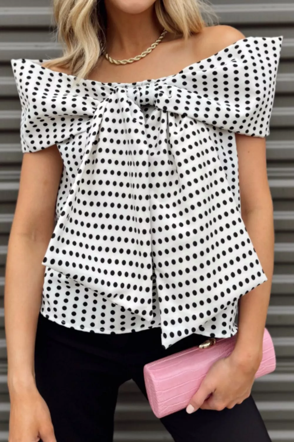 Polka Dot Off Shoulder Bow Knot Short Sleeve Blouse - Image 4