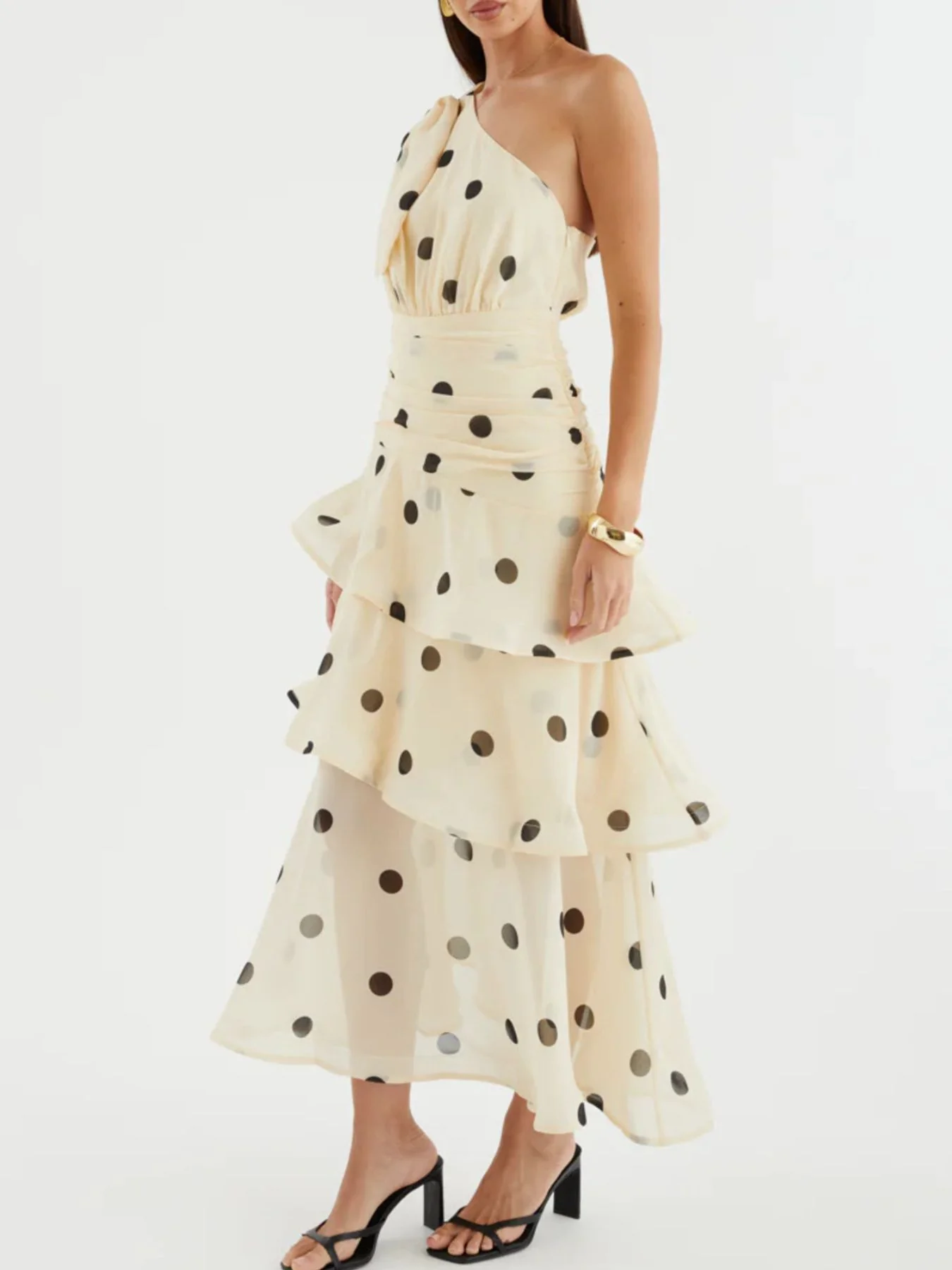 Polka Dot One-Shoulder Ruffle Dress - Image 18