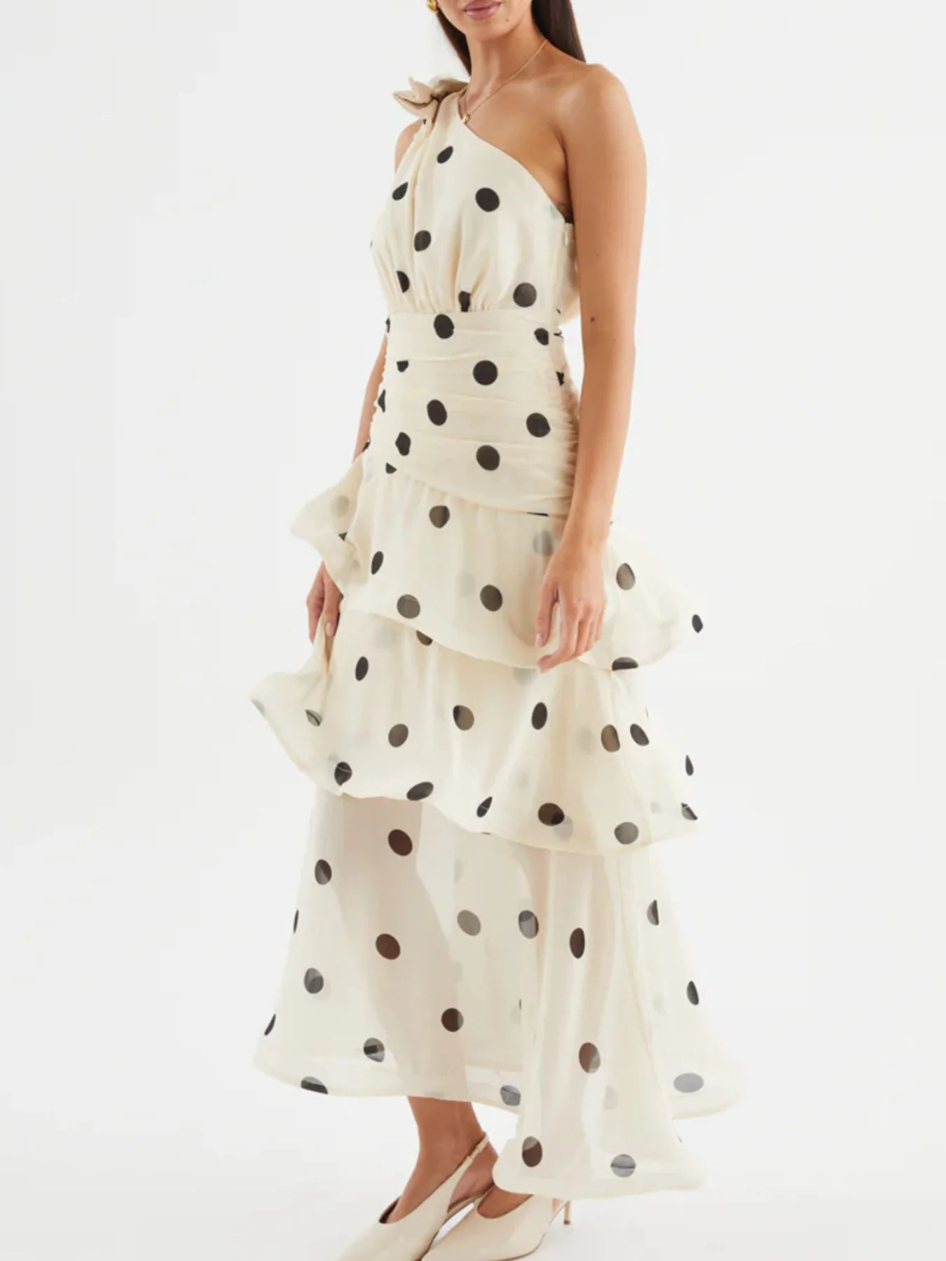 Polka Dot One-Shoulder Ruffle Dress - Image 19