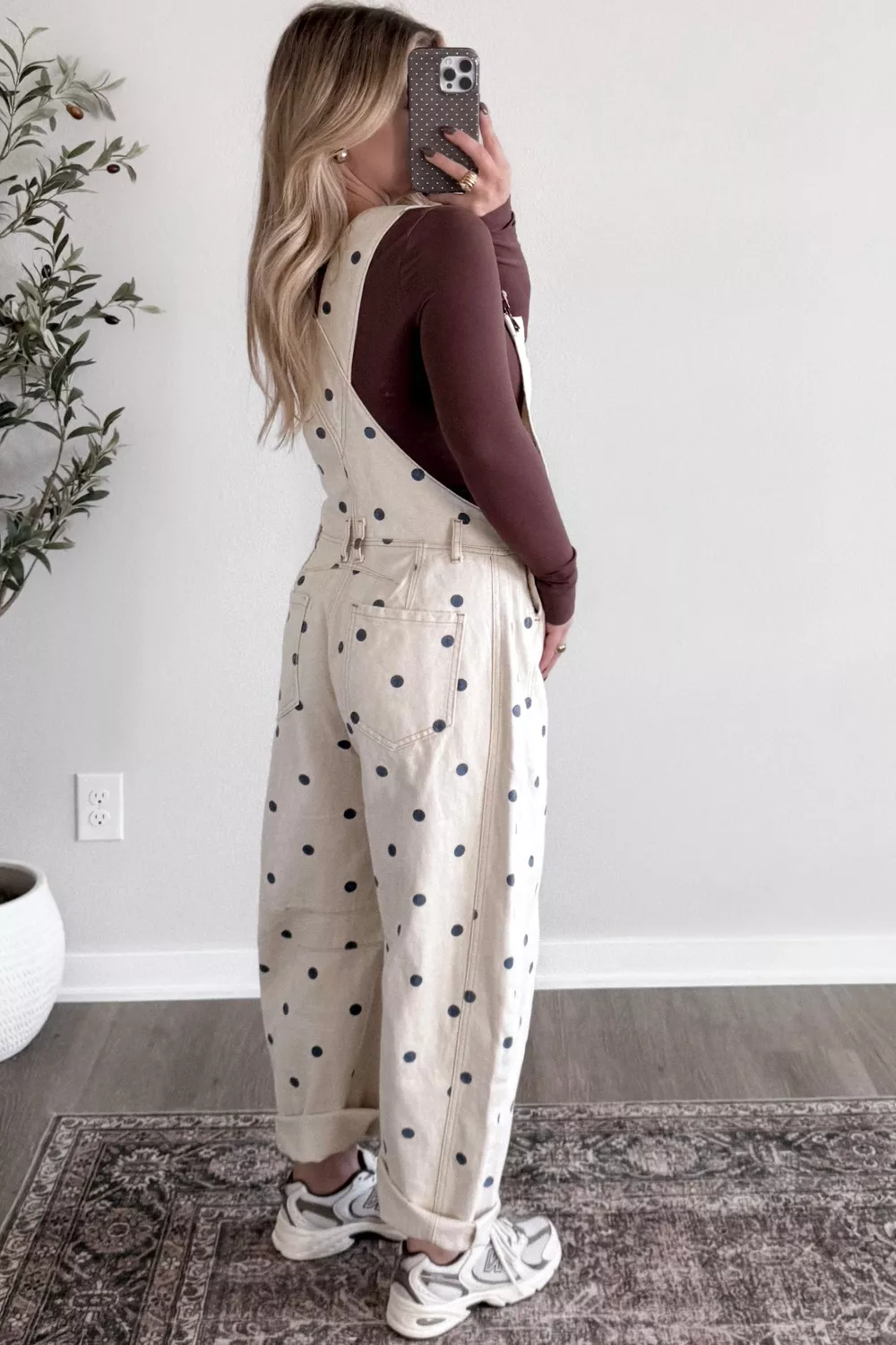 Polka Dot Print Bib Pocket Denim Barrel Overalls Jumpsuit - Image 4