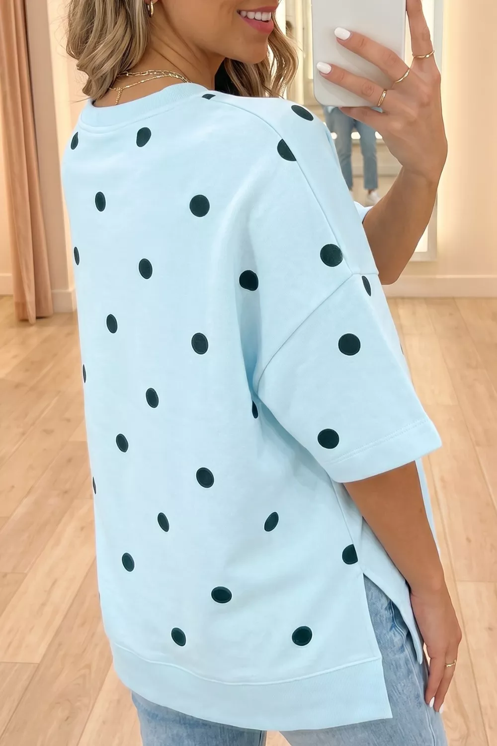 Polka Dot Print Crossed Seam Detail Oversize Tee - Image 2