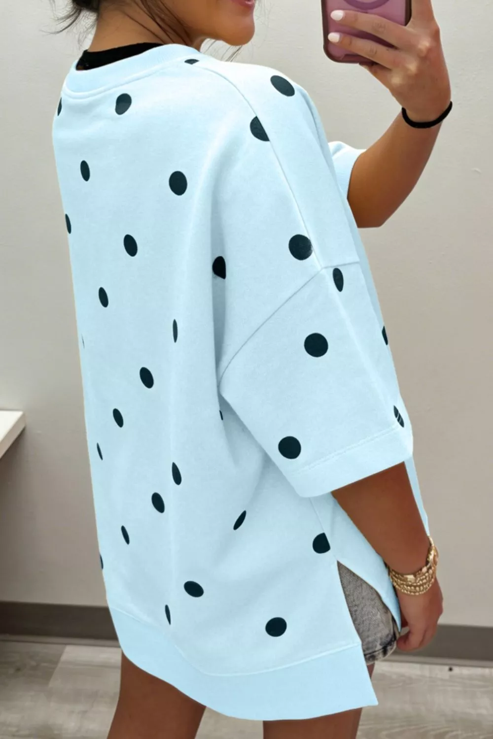 Polka Dot Print Crossed Seam Detail Oversize Tee - Image 4